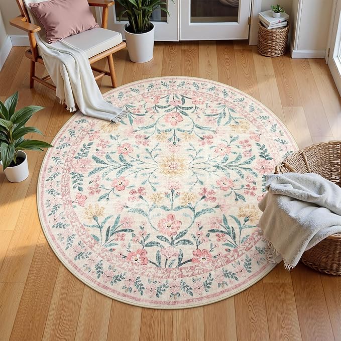 Wonnitar Washable Round Rugs 6ft, Pink Floral Circle Rug Large Round Carpet for Bedroom, Boho Soft Ultra-Thin Circular Carpets for Kids Playroom Living Room Nursery-Ruum Studio Home
