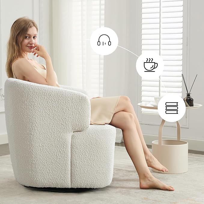 Swivel Accent Chair, Sherpa Teddy Barrel Chair for Living Room, Cozy Round Boucle Arm Chair, Metal Base for Club Nursery Bedroom, White-Ruum Studio Home