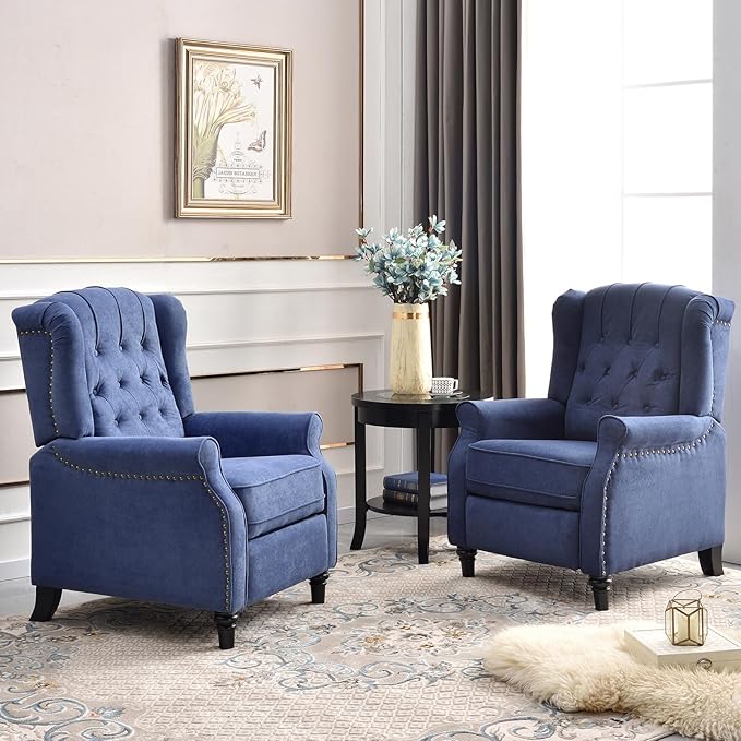 EBELLO 2 Pcs Pushback Recliner Chairs, Fabric Armchair Push Back Recliner with Rivet Decoration, Single Sofa Accent Chair for Living Room, Bedroom, Blue-Ruum Studio Home
