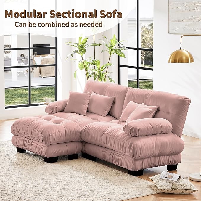 Loveseat Modular Sectional Sofa, L Shaped Couch with Ottoman, Cloud Couch Sectional Couch Home Sofa Living Room Oversized Couch Deep Seat Couch with Round Bolster Armrests 4 Pillows(Pink)-Ruum Studio Home