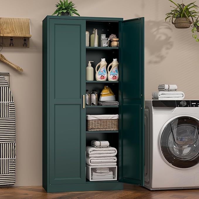 71" Metal Pantry Cabinet, Tall Kitchen Pantry Storage Cabinet with 4 Adjustable Shelves and Gold Handles, Green Cupboard for Kitchen, Dining Room, Living Room-Ruum Studio Home