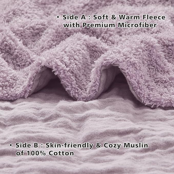 EMME Muslin and Fleece Queen Blanket Reversible - 80"*90" Lavender Soft Warm Throw Blankets for Couch Bed Picnic Travel Bed-Ruum Studio Home