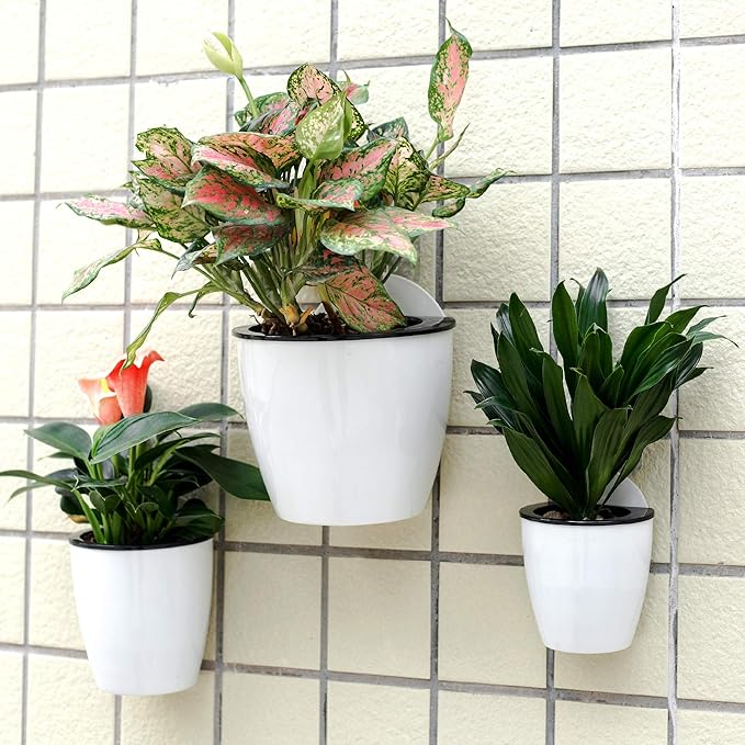3 Pack Self Watering Wall Hanging Planter Pots Vertical Garden Window Hang Mount Indoor Outdoor Plant Flower Basket for Kitchen Herbs Balcony Railing Shelf Fence Bedroom Trellis Decor Modern White Box-Ruum Studio Home