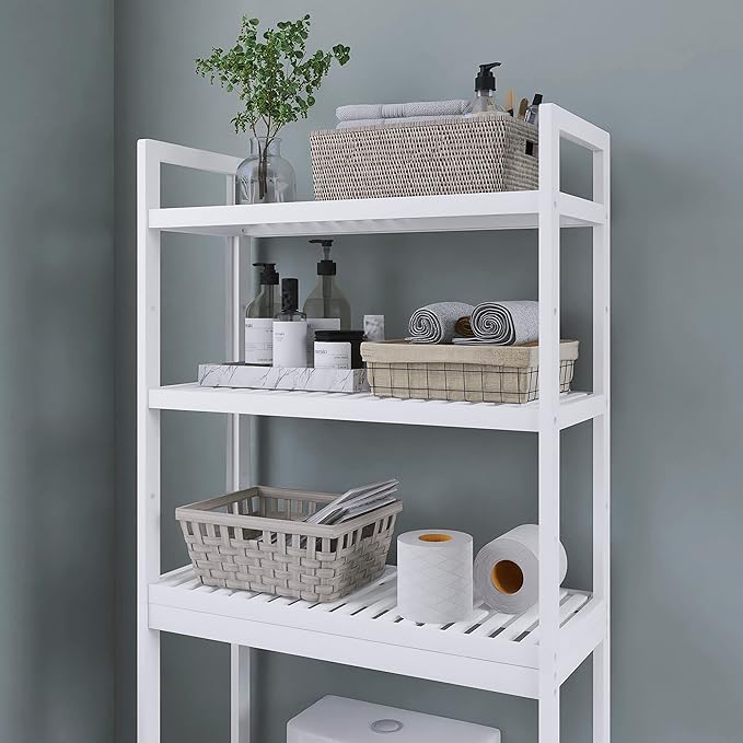 SMIBUY Bathroom Storage Shelf, Bamboo Over-The-Toilet Organizer Rack, Freestanding Toilet Space Saver with 3-Tier Adjustable Shelves (White)-Ruum Studio Home