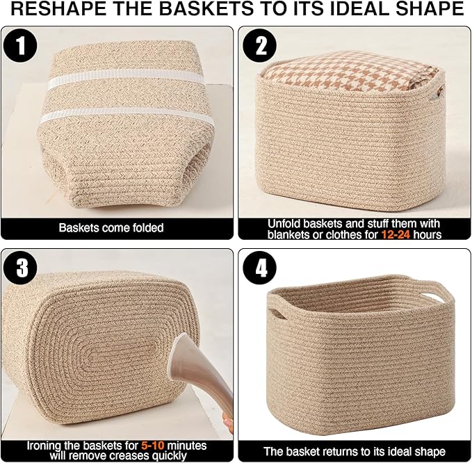 Decorative Storage Baskets for Organizing Shelves, Toy Basket for Nursery, Woven Cotton Rope Baskets for Decor, Towel Basket for Bathroom, 15"x11"x9.5", 3 Packs, Brown-Ruum Studio Home