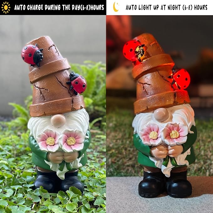 COWOS Garden Gnome Statues Outdoor Decor, Solar Gnomes with LED Lighted Flowers, Solar Resin Outdoor Statue Sculpture, for Woman Gift Home and Garden Decor-Ruum Studio Home