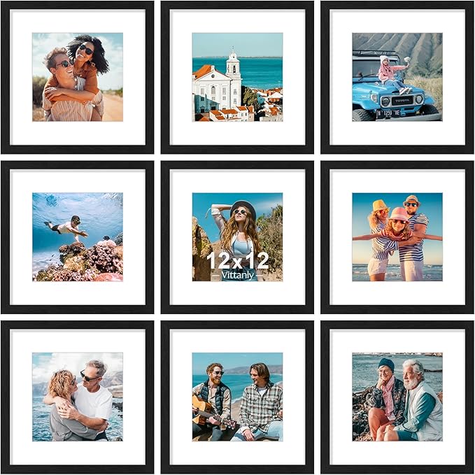 Vittanly 12x12 Picture Frames Set of 9, Shatter Resistant Plexiglass, Display 8x8 Pictures with Mat or 12x12 without Mat, Photo Frames for Wall Mount, Engineered Wood, Black-Ruum Studio Home