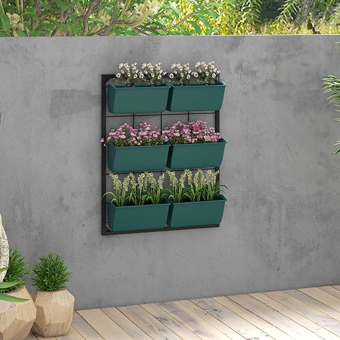 Outsunny 3-Tier Wall Planter with 6 Pots for Indoor and Outdoor Use, Hanging Plant Holder, Self Draining Wall Mounted Planter for Vegetables, Flowers, Herbs, Green-Ruum Studio Home