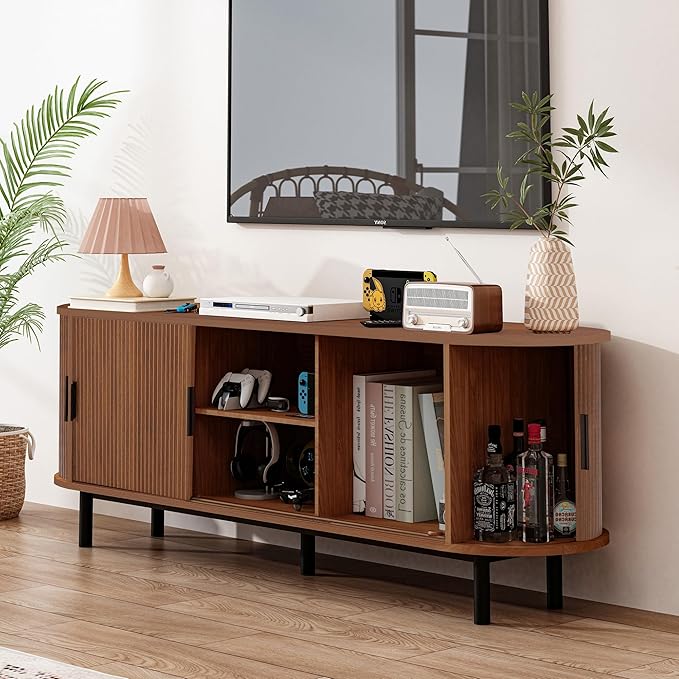 62" Tambour Door TV Stand,Wood Mid Century Modern TV Cabinet for Up to 70“ TV,Curved Edge Long TV Stand with Storage for Bedroom Living Room(Walnut, 62.2inch)-Ruum Studio Home