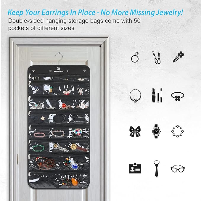Freegrace Hanging Jewelry Organizer Revolving Hanger - Secure Zipper Closure - 50 Pockets - Foldable Storage & Display Solution - for All Jewelry & Bijoux (Black)-Ruum Studio Home