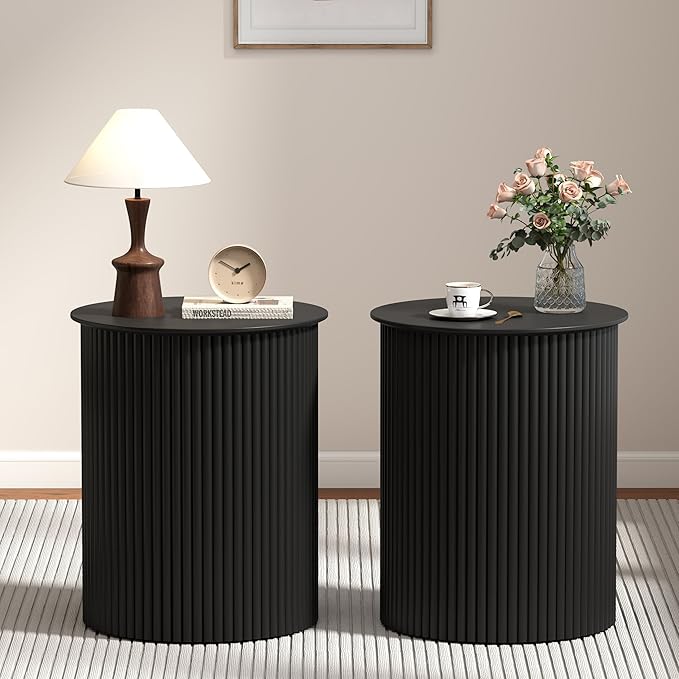 AVZEAR Small Round Side Table Fluted Night Stand Set of 2, 17.7" Mid Century Modern End Table, Circle Bedside Tables Wood Nightstands for Small Spaces, Living Room, Bedroom(Black)-Ruum Studio Home