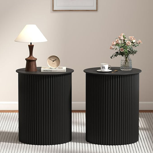 AVZEAR Small Round Side Table Fluted Night Stand Set of 2, 17.7" Mid Century Modern End Table, Circle Bedside Tables Wood Nightstands for Small Spaces, Living Room, Bedroom(Black)-Ruum Studio Home