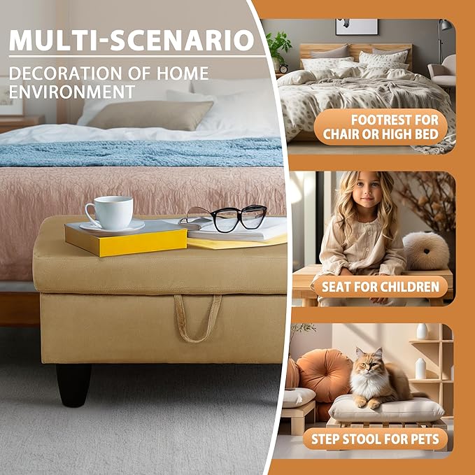Ottoman Rectangular Storage Ottoman Bench, Flannel Footrest Stool Footstool with Lid for Living Room, Bedroom, Entryway, Light Brown, 28.5"x19"x17.5"-Ruum Studio Home