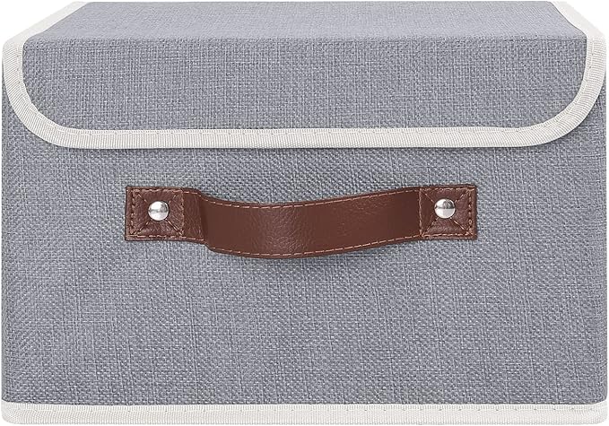 ANMINY Storage Bin with Lid Storage Boxes with PU Leather Handles PP Plastic Board Decorative Foldable Lidded Cotton Linen Fabric Home Cubes Baskets Closet Organizer Container - Gray, Small Size-Ruum Studio Home