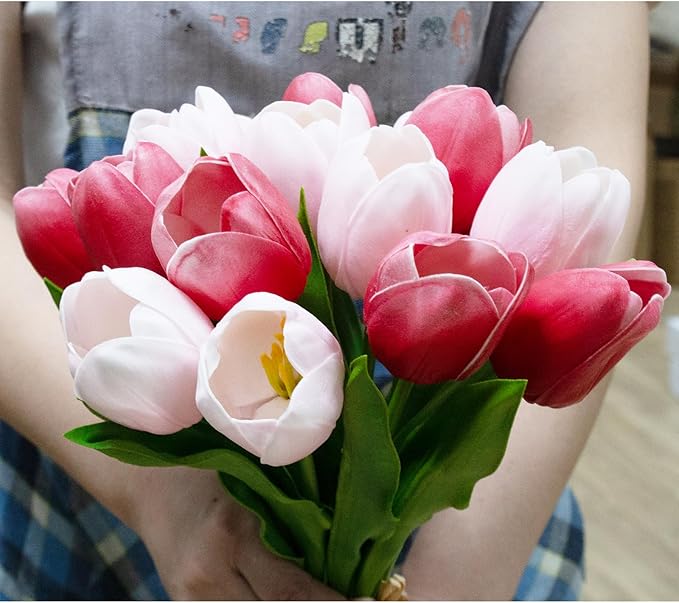 Buart Artificial Tulip in Bulk for Home Kitchen Wedding Bridal Bouquet,Fake Flowers for Valentine's Day Mother's Day Easter Table Centerpieces Decorations(Large Size,Multi Pink,Real-Touch,12pcs)-Ruum Studio Home