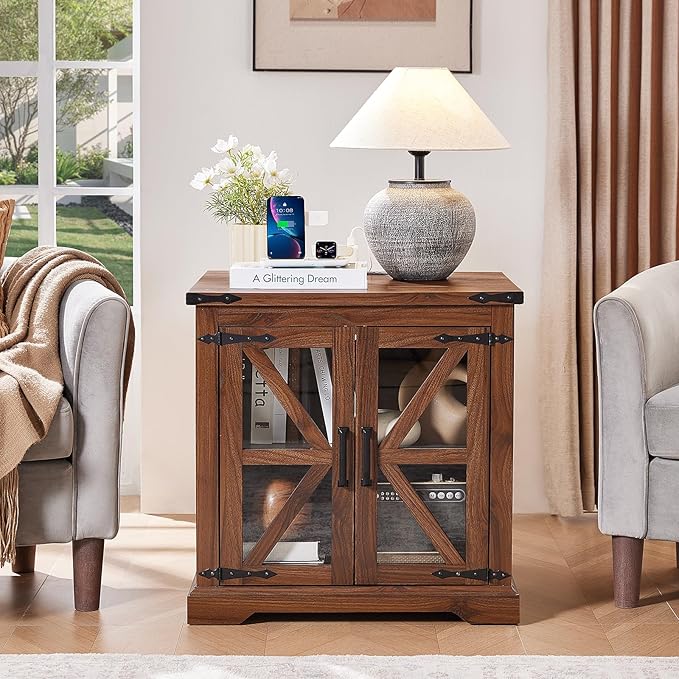 24" End Table with Charging Station, Farmhouse Night Stand with Glass Barn Door, Green Nightstands with Adjustable Storage Shelf, Large Wood Square Bed Side Table for Living Room, Bedroom-Ruum Studio Home