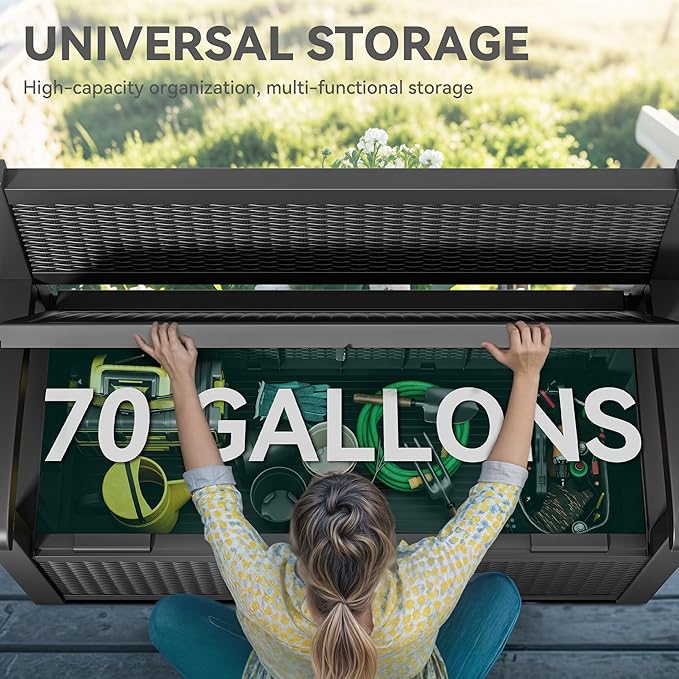 YITAHOME 70 Gallon Storage Bench Deck Box, Lockable Patio Bench, Waterproof Outdoor Pool Deck Storage for Patio Cushions, Garden Tools and Pool Supplies, Black-Ruum Studio Home