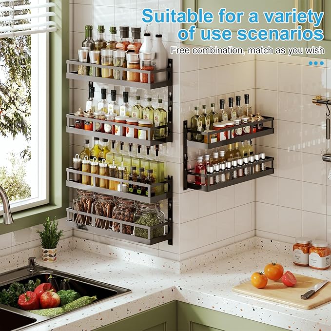 X-cosrack 6-Tier Wall-Mounted Spice Rack Organizer with Mixed Basket Sizes, Height-Adjustable Hanging Spice Shelf for Kitchen Pantry Cabinet, Large-Capacity Seasoning Holder, Black-Ruum Studio Home