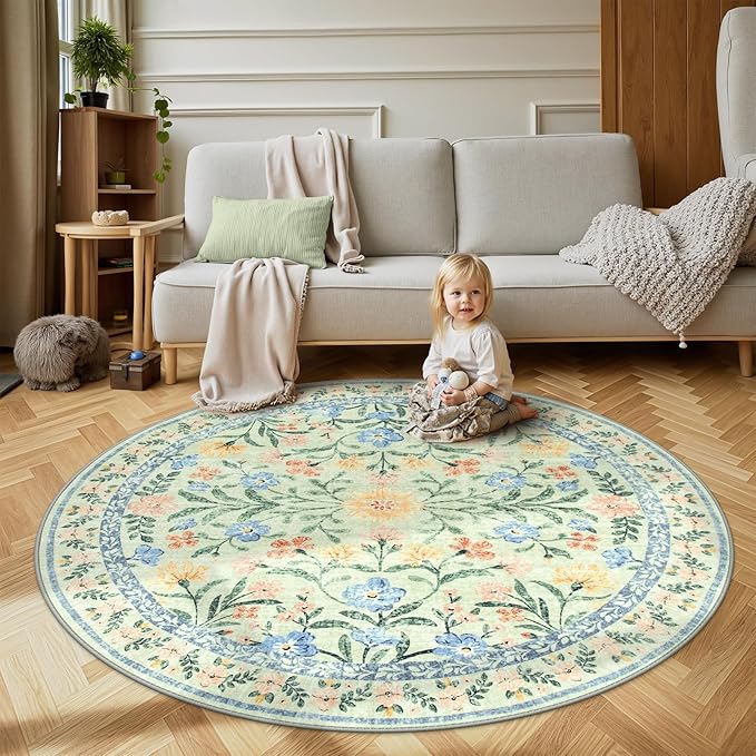 Wonnitar Washable Floral Round Rug, 6ft Sage Green Round Area Rugs for Bedroom Nursery, Boho Non-Slip Indoor Large Circle Carpets for Dining Room Living Room Kids Playroom-Ruum Studio Home