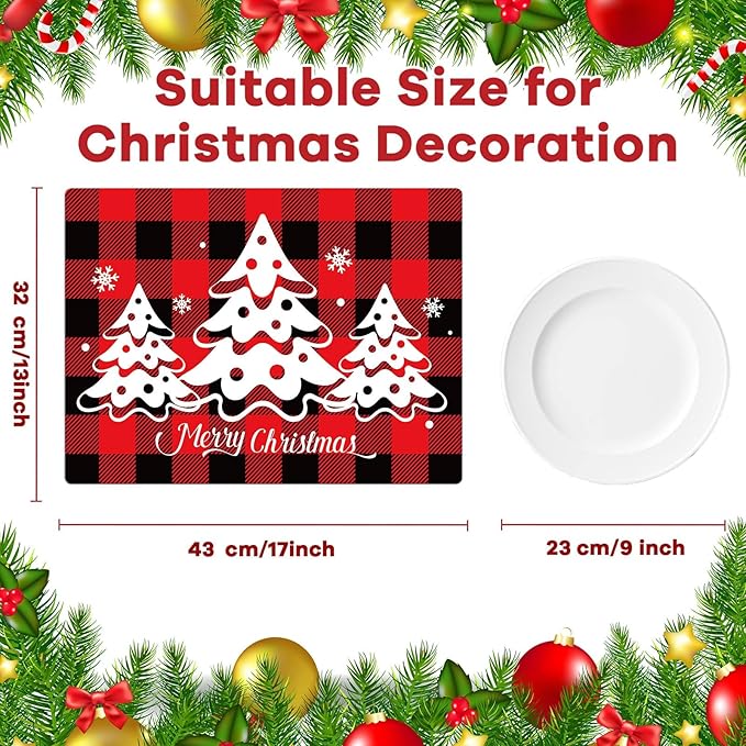 Christmas Placemats Set of 6 Red and Black Plaid Table Mats Plastic Xmas Recyclable Place Mats Washable Holiday Table Decoration for Indoor Outdoor Christmas Party Kitchen Dining-Ruum Studio Home