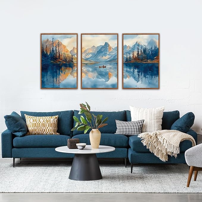 KAIRNE Framed Large Landscape Wall Art,Abstract Forest Prints Paintings,Watercolor Blue Mountain Lake Canvas,Nature Scenery Textured Artwork for Living Room Bedroom Home Office Gallery Decor,16”X24”-Ruum Studio Home