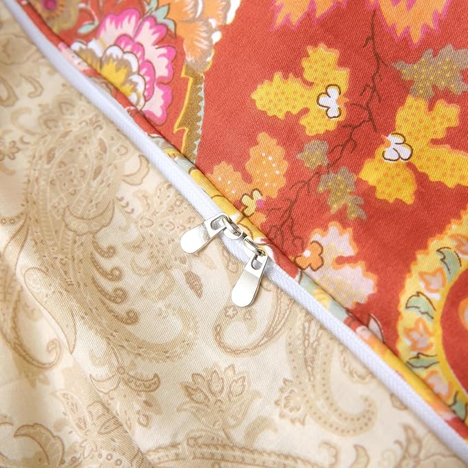 ABREEZE Paisley Bedding Sets 3Pcs Brushed Cotton Duvet Cover Set Queen Size Rustic Damask Red Floral Comforter Cover with Zipper Closure Boho Bedding Collections-Ruum Studio Home