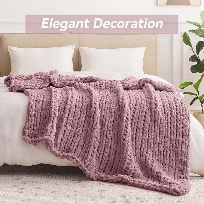 Chunky Knit Throw Blanket, 30''*40'' Knitted Throw Chenille Yarn for Bed Couch, Handmade Muted Pink Crochet Big Thick Blanket, Machine Washable Cute Comfy Blanket for Home Decor-Ruum Studio Home