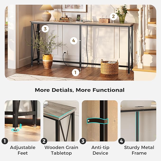 SUPERJARE 70 Inch Console Table with Outlets and USB-C Port, Extra Long Behind Couch Sofa Table with X-Shaped Design, Narrow for Entryway, Living Room, Metal Frame, Wooden Top, Grey Oak-Ruum Studio Home
