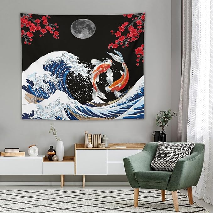 Houselerax Japanese Koi Fish Tapestry, Yin Yang Big Wave Red Cherry Blossom Tapestries Wall Hanging for Bedroom Living Room Office Decor 60"x50"-Ruum Studio Home