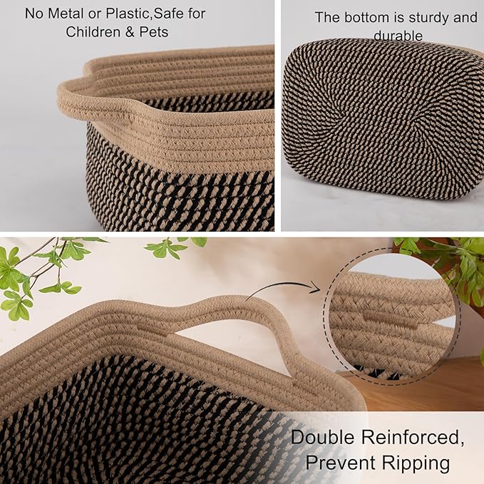 OIAHOMY 3 Pack Storage Baskets for Organizing, Woven Cotton Rope Basket for Shelves, Closet Organizer Bins with Handles, Rectangle Toy Organization, 13.78''×9.84''×5.5'', Brown & Black-Ruum Studio Home