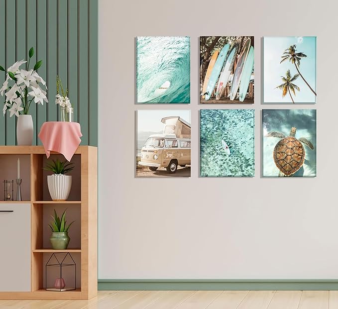 Set of 6 Tropical Beach Canvas Wall Art Surf Poster Summer Ocean Coastal Pictures Turtle Print Palm Tree Surfboard Gallery Paintings Nautical Bus Wall Decor for Bedroom Bathroom Framed-Ruum Studio Home