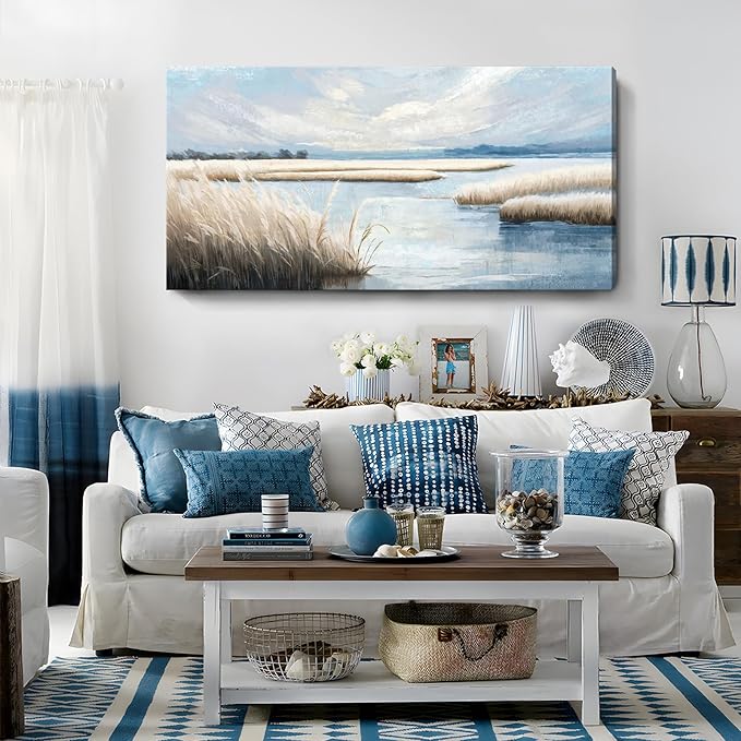 amatop Large Coastal Wall Art Abstract Landscape Beach Ocean Marsh Canvas Print Calming Soft Blue and Beige Wetland Picture Minimalist Neutral Nature Artwork for Bedroom Living Room Office 48x24-Ruum Studio Home