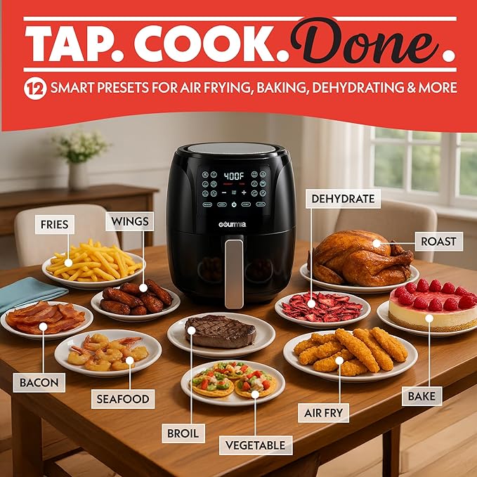 Gourmia Air Fryer Oven Digital Display 4 Quart Large AirFryer Cooker 12 1-Touch Cooking Presets, Black and Stainless Steel Accents Fry Force GAF486-Ruum Studio Home