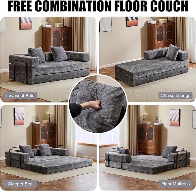 Convertible Sleeper Sofa Bed, Compression Folding Sofa with Pillow, No Assembly Required, Shape Frame, Floor Sofas Lounge Couch for Living Room, Bedroom, Small Spaces(Chenille, 77''W, Dark Grey)-Ruum Studio Home