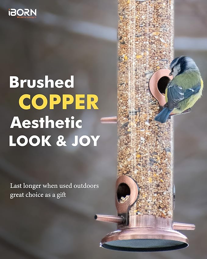 iBorn Metal Bird Feeders Metal Bird Feeder Copper for Outdoors Hanging All Metal Copper Finishing 14 Inch 4Port(Seed is not Included)-Ruum Studio Home