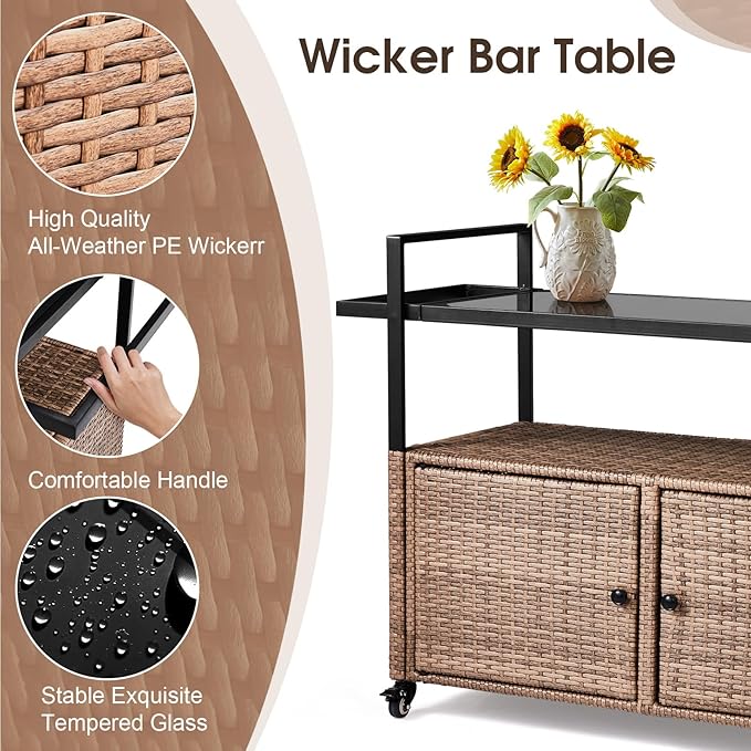 VINGLI Wicker Outdoor Bar Cart with Storage and Wheels, Outdoor Bar Table Serving Cart Rattan Bar Cart with Glass Top and Shelf for Pool, Party, Backyard, Porch (Brown)-Ruum Studio Home