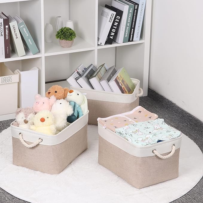 Bidtakay Large Fabric Baskets with Handles [3-Pack] Collapsible Storage Basket for Shelves 15 X 11 X 9.5 inches Canvas Bins for Closet Organization (White&Beige)-Ruum Studio Home