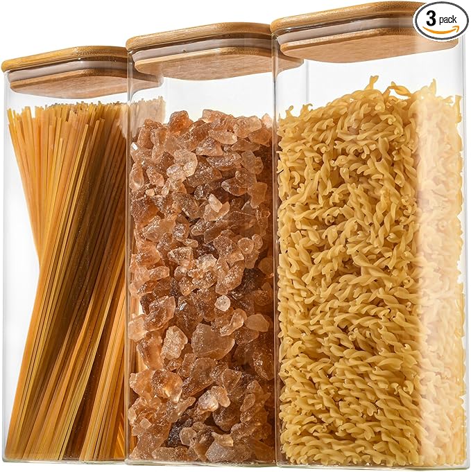 71oz Rectangle Airtight Glass Storage Containers with Bamboo Lids (Set of 3), Square Food Storage Jar, Pantry Organizers for Sugar, Flour, Spaghetti and Coffee beans (‎with Black Lable)-Ruum Studio Home