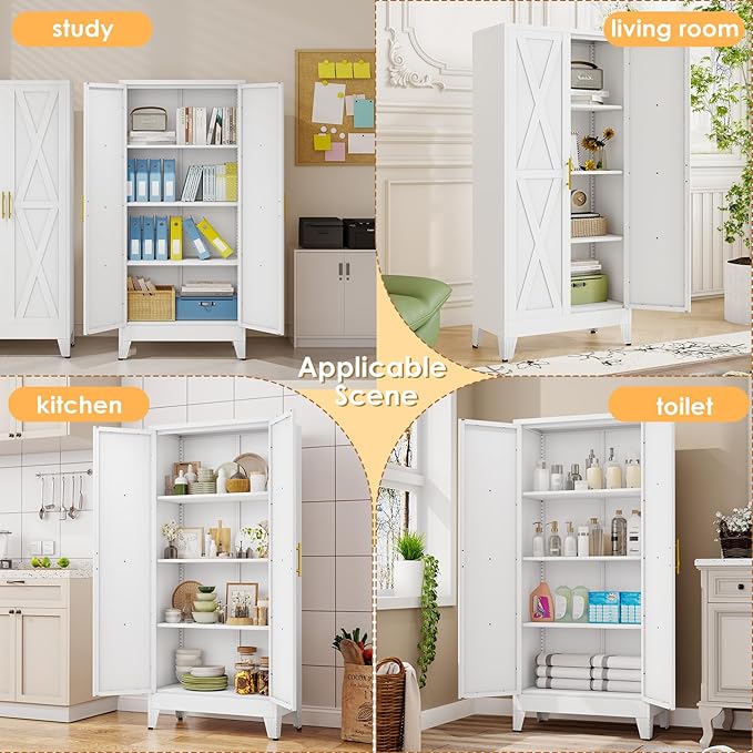 61" H Metal Kitchen Pantry Storage Cabinet, Freestanding Cupboard with 2 Doors and 3 Adjustable Shelves, Standing Storage for Kitchen, Bathroom, Garage, Dinning Room or Utility Room（White）-Ruum Studio Home