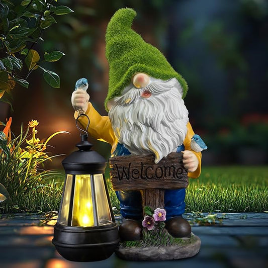 Garden Gnome Outdoor Statues with Solar Lights,Resin Flocked Solar Gnome Statue Holding Lantern,Outdoor Gnomes Decorations for Garden, Patio Gnome Gifts for Mom-Ruum Studio Home