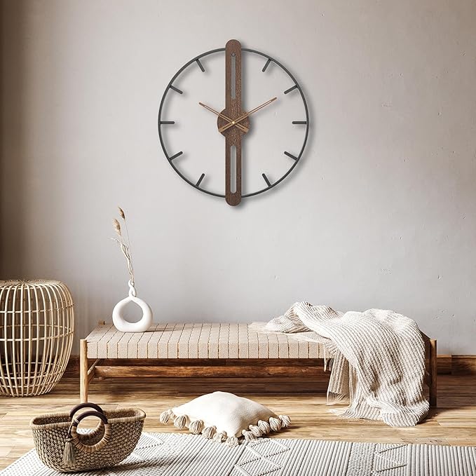 Modern Walnut Dial Wall Clock, Wood Large Wall Clock Decor Metal Frame Silent Non Ticking for Living Room, Bedroom, Kitchen, Study Decoration, Handmade Home Gift Idea, 28 in (70 cm)