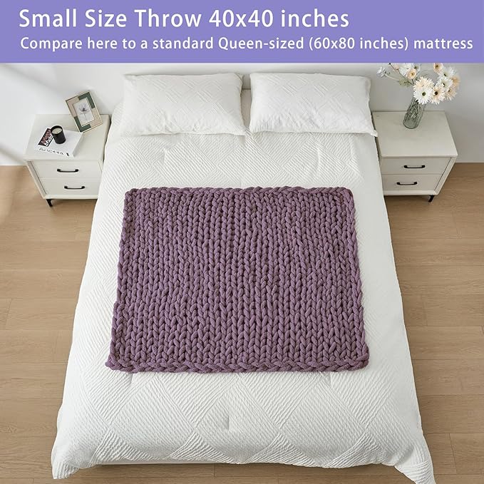 Bigacogo Chunky Knit Throw Blanket for Couch, 40x40 inches, 100% Hand Knitted with Thick Jumbo Chenille Yarn, Cozy Soft Large Rope Knot Cable Crochet Blankets for Sofa Bed Living Room, Winter Grape-Ruum Studio Home