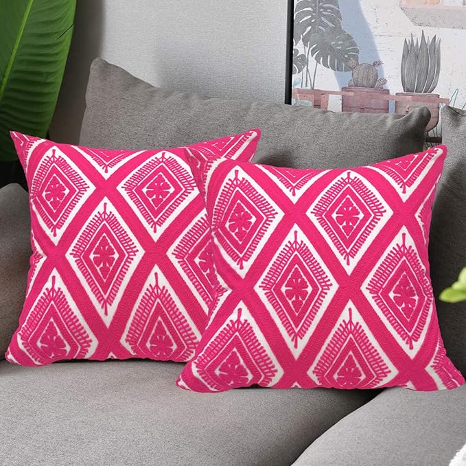Alysheer Embroidered Decorative Throw Pillow Covers 18x18 inches Set of 2 Pieces, Boho Geometric Modern Chic Classic Pattern Cotton Cushion Cases for Sofa Couch Bed Living Room(Bright Hot Pink)-Ruum Studio Home