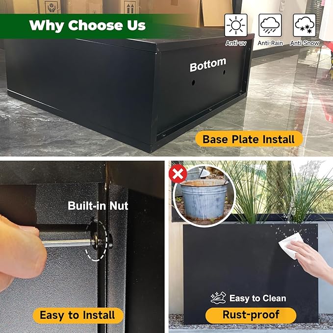 Galvanized Steel Metallic Heavy Planter for Outdoor Plants Metal Outdoor Planter Spliced Flower Box with Partitions for Outside,Indoor,Garden (Black, 24 * 12 * 24)-Ruum Studio Home