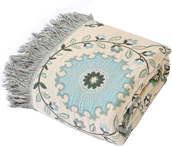 Snycler Boho Throw Blanket for Bed - 100% Cotton Ultra Soft Rustic Quilt - Blue Boho Floral Printed Farmhouse Decor Bed Blankets, 60"×80" All Season Rustic Throw for Sofa Couch Chair-Ruum Studio Home