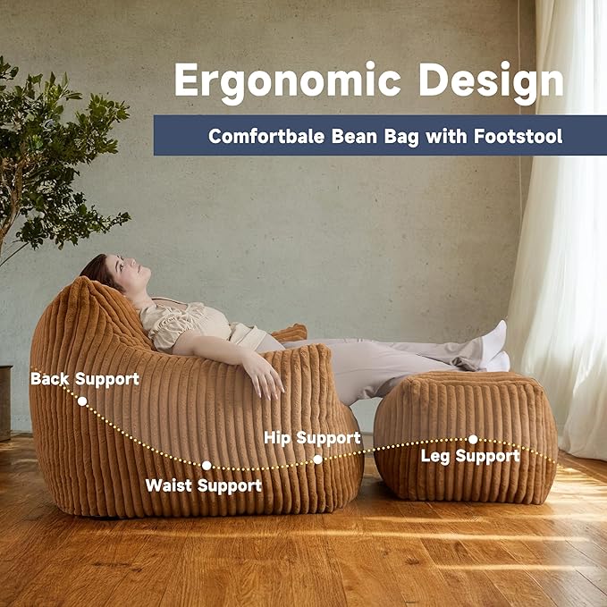 Giant Bean Bag Chairs for Adults, Oversized Chaise Lounge Chair Indoor with Memory Foam - Plush Boneless Lounger & Ottoman for Bedroom, Living Room, Gaming & Reading, Lazy Floor Sofa Chair, Orange-Ruum Studio Home