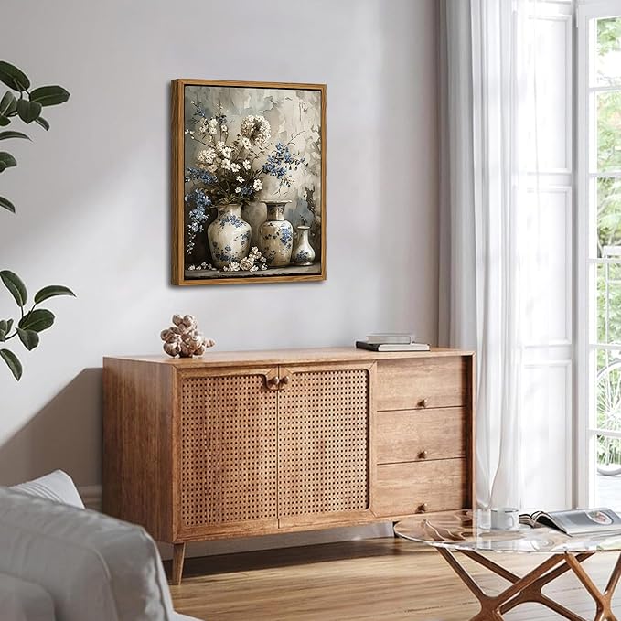 Floating Framed Farmhouse Floral Canvas Wall Art, Vintage Blue and White Flower Pictures Wall Decor, Elegant Art Jar Posters Print for Living Room Bedroom Bathroom Rustic Decor 12x16 inch-Ruum Studio Home