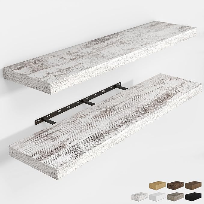 RICHFOCUS 48Inch Floating Shelves for Wall 2 Pack Shelves for Bedroom|Kitchen|Bathroom Wall Mounted Rustic Distressed Wood Floating Shelf with Invisible Brackets for Books|Storage|Decor, Rustic-Ruum Studio Home