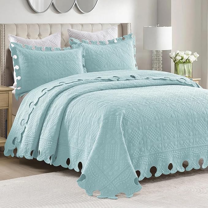 MarCielo 3-Piece 100% Cotton Oversized Bedspread Lightweight Quilt Coverlet Embroidery Farmhouse Bedding Set (TW Mint Green Blue, Oversized Queen (100"x106"))-Ruum Studio Home