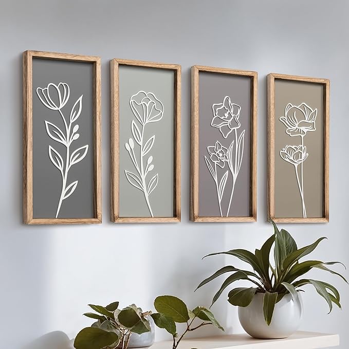 3D Wooden Floral Bathroom Wall Decor (Set of 4) Lightweight, Ready-to-Hang Framed Wall Art For Living Room, Bedroom, or Office - Premium Boho Botanical Farmhouse Decorations - Gift-Boxed-Ruum Studio Home